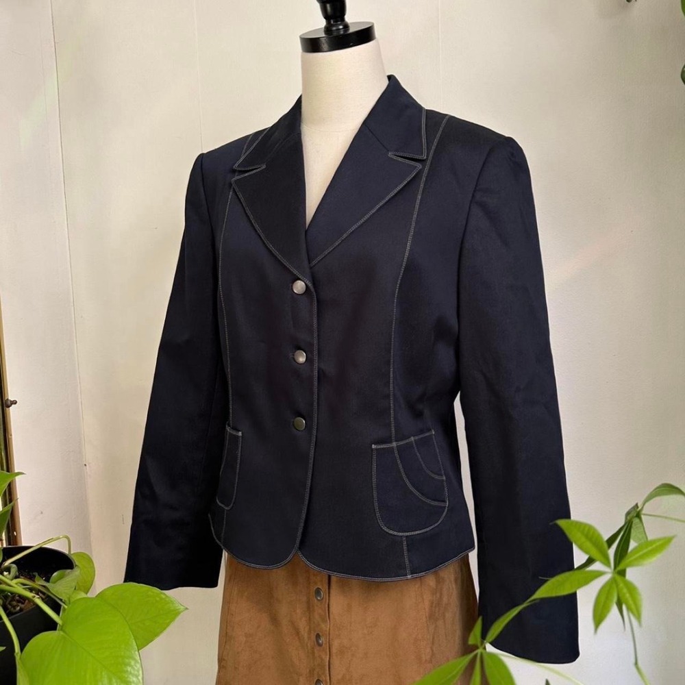 Tahari Arthur S. Levine Navy Blue Contrast Stitch Blazer Jacket 14P - Picture 4 of 7